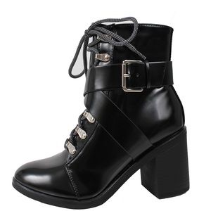 Military combat lace up block heel ankle boot